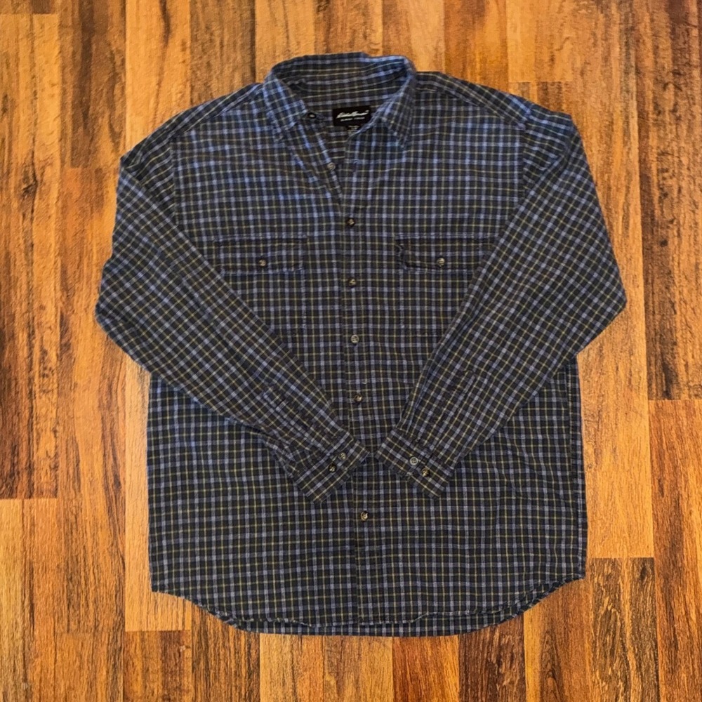 Eddie Bauer Mens Large Tall Plaid Button Down Shirt Blue Green Cotton 9647